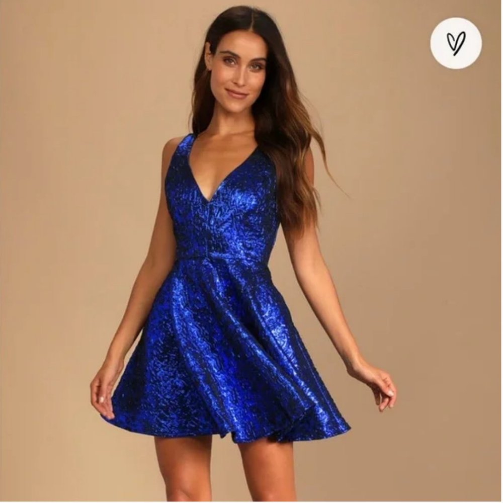 Lulus Polished Party Look Blue Metallic Skater Mini Dress